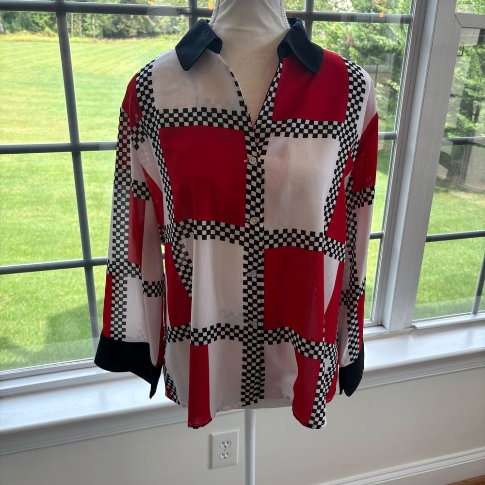 Vintage Piano long sleeve Blouse XL black white red polyester‎ pearl button